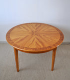 Danish round golden elm, walnut burl and birch end or side table.