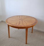 Danish round golden elm, walnut burl and birch end or side table.