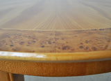 Danish round golden elm, walnut burl and birch end or side table.