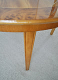 Danish round golden elm, walnut burl and birch end or side table.