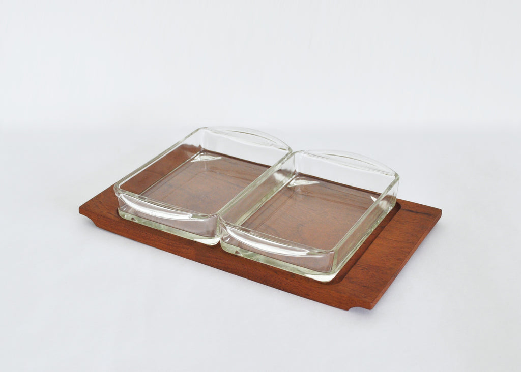 1960s Denmark Serving Snack Tray Set Teak & Glass Lüthje Wood Denmark 1
