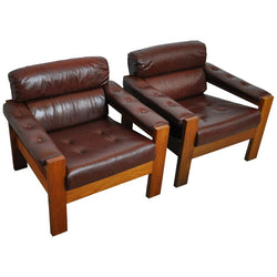 Scandinavian leather and oak lounge chairs, 1970s