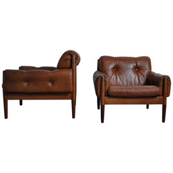 Scandinavian Cognac brown Leather and Rosewood Lounge Chairs, set of 2