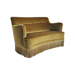 Curved Early 20th Century Sofa with original upholstery in green and yellow tones