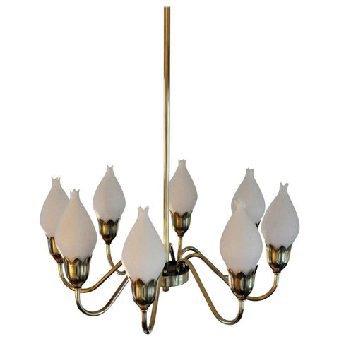 Eight-Arm Brass and Opaline Glass Chandelier by Fog & Mørup