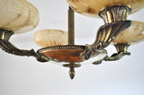 Danish Art Deco Brass and Opaline Glass Chandelier, 1930s
