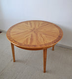 Danish round golden elm, walnut burl and birch end or side table. 