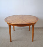 Danish round golden elm, walnut burl and birch end or side table. 