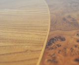 Danish round golden elm, walnut burl and birch end or side table. 