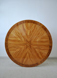 Danish round golden elm, walnut burl and birch end or side table. 
