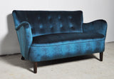 Elegant early midcentury curved sofa in blue velvet new upholstery