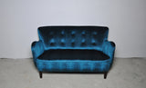 Elegant early midcentury curved sofa in blue velvet new upholstery