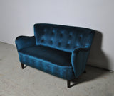 Elegant early midcentury curved sofa in blue velvet new upholstery