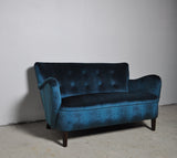 Elegant early midcentury curved sofa in blue velvet new upholstery