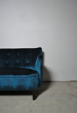 Elegant early midcentury curved sofa in blue velvet new upholstery