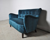 Elegant early midcentury curved sofa in blue velvet new upholstery