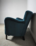 Elegant early midcentury curved sofa in blue velvet new upholstery