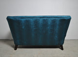 Elegant early midcentury curved sofa in blue velvet new upholstery