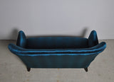 Elegant early midcentury curved sofa in blue velvet new upholstery