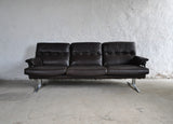Dark brown leather and chrome 3 seater sofa by Arne Norell