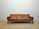 Scandinavian Cognac brown Leather and Rosewood 3 seater sofa