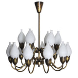 Rare Fog & Mørup 18-Arm Brass and Opaline Glass Tulip Chandelier