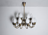 Rare Fog & Mørup 18-Arm Brass and Opaline Glass Tulip Chandelier