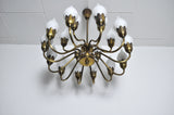 Rare Fog & Mørup 18-Arm Brass and Opaline Glass Tulip Chandelier