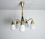 Rare Scandinavian ceiling lamp in brass and opaline glass, 1940s-50s