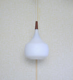 Scandinavian Modern Holmegaard Opaline Glass and Teak Pendant