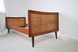 Scandinavian Modern Teak Bed with Woven Cane Head and Footboard