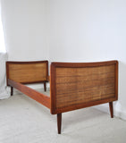 Scandinavian Modern Teak Bed with Woven Cane Head and Footboard