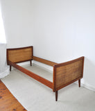 Scandinavian Modern Teak Bed with Woven Cane Head and Footboard