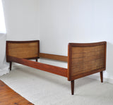 Scandinavian Modern Teak Bed with Woven Cane Head and Footboard