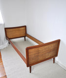 Scandinavian Modern Teak Bed with Woven Cane Head and Footboard
