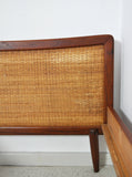 Scandinavian Modern Teak Bed with Woven Cane Head and Footboard