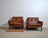 Scandinavian Cognac brown Leather and Rosewood Lounge Chairs, set of 2
