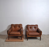 Scandinavian Cognac brown Leather and Rosewood Lounge Chairs, set of 2