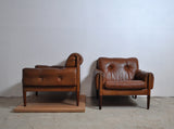 Scandinavian Cognac brown Leather and Rosewood Lounge Chairs, set of 2