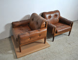 Scandinavian Cognac brown Leather and Rosewood Lounge Chairs, set of 2