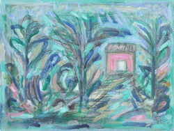 Contemporary Danish painting "Garden with red House" by Mette Birckner, 2018