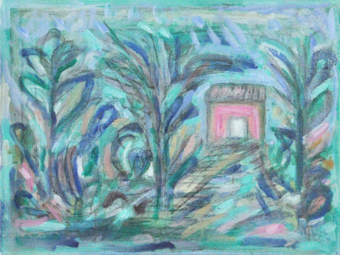 Contemporary Danish painting "Garden with red House" by Mette Birckner, 2018