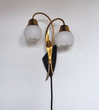 Scandinavian Organic Two Armed Wall Light, Brass and Opaline, 1940-50s