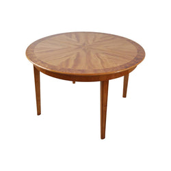 Danish round golden elm, walnut burl and birch end or side table